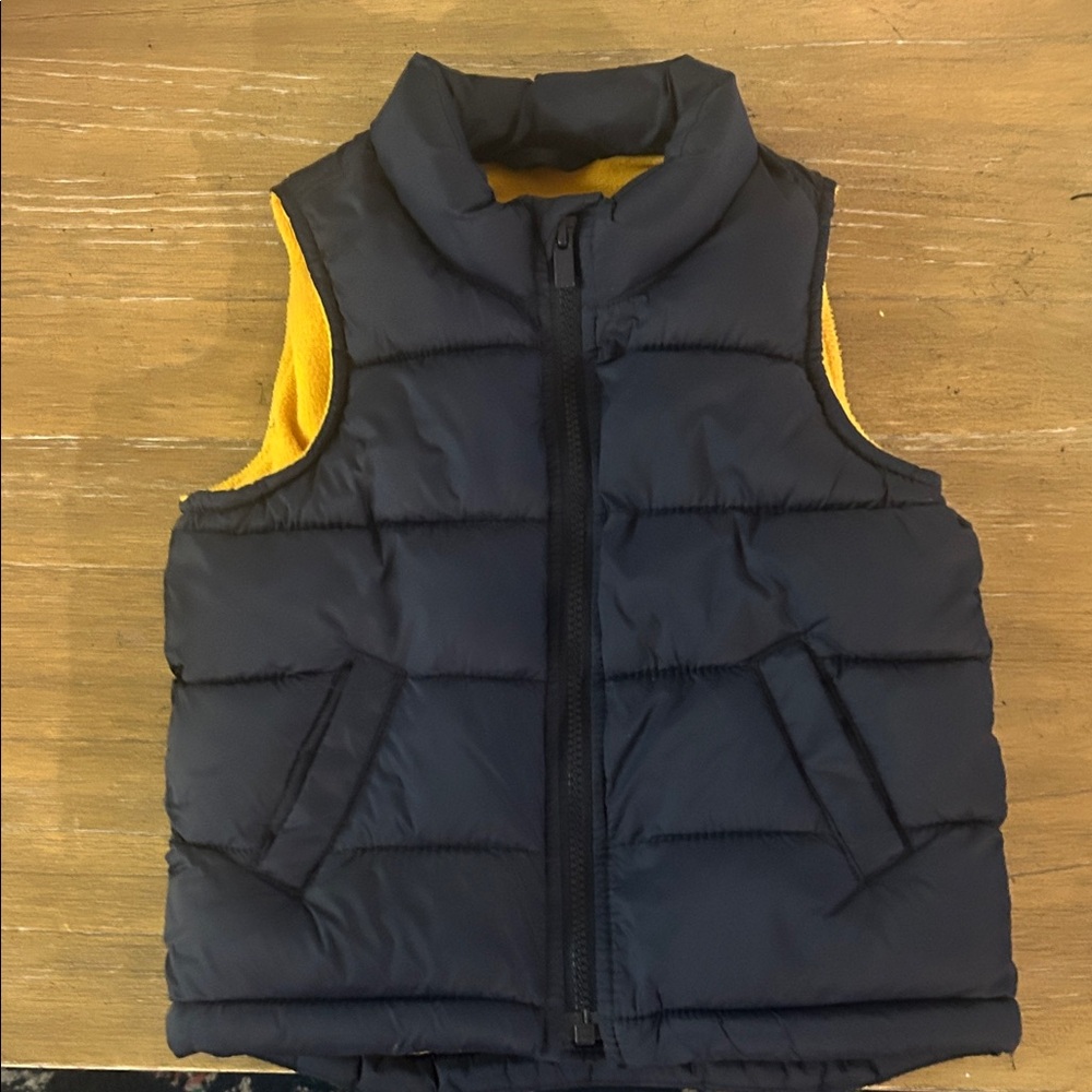 Old Navy waterproof Dark Blue puffer Vest w/ Yellow Interior
